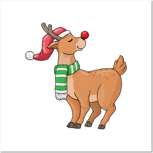 Reindeer with Santa hat & Scarf at Christmas Posters and Art